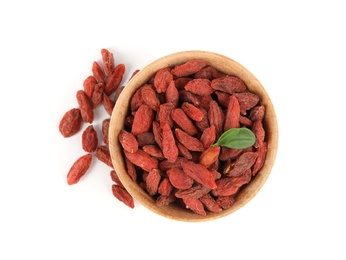 Wooden bowl with tasty dried goji berries and leaf on white background, top view