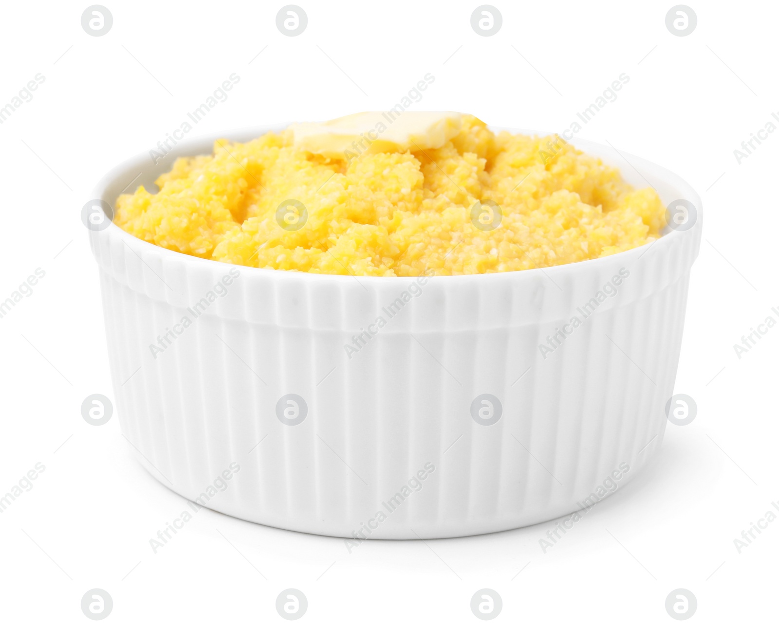 Photo of Tasty cornmeal with butter in bowl isolated on white