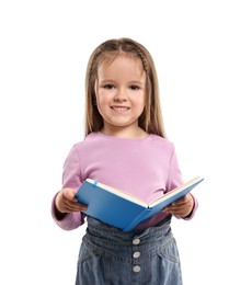 Photo of Cute little girl with book on white background