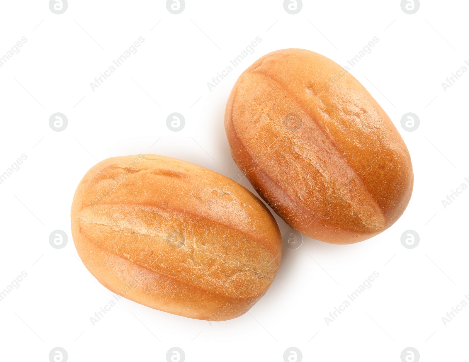 Photo of Tasty buns isolated on white, top view. Fresh bread