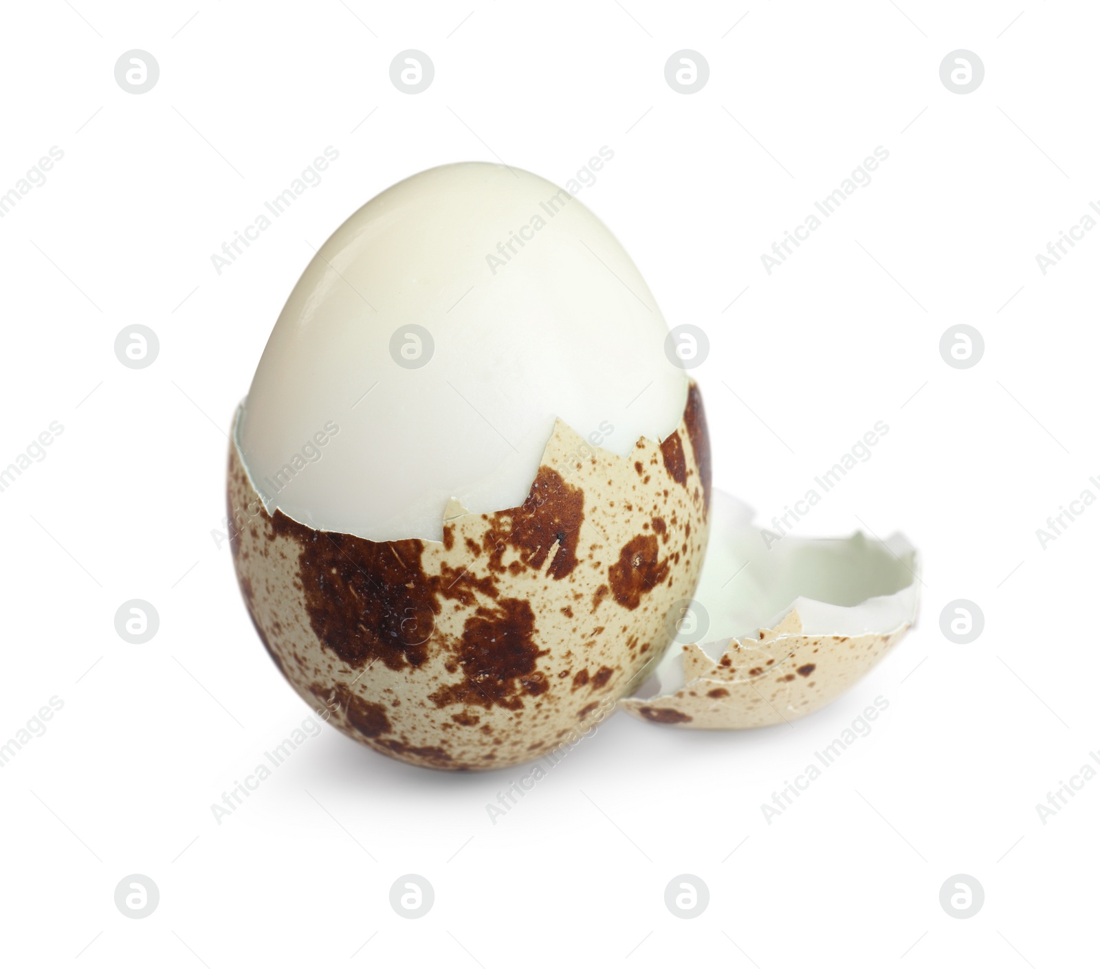 Photo of Boiled quail egg and pieces of shell isolated on white