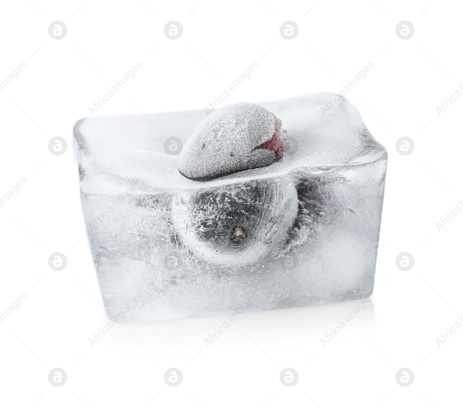 Photo of Fresh berry frozen in ice cube on white background