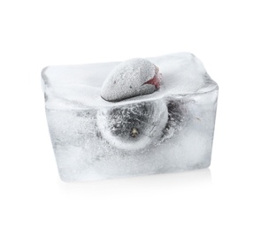 Photo of Fresh berry frozen in ice cube on white background