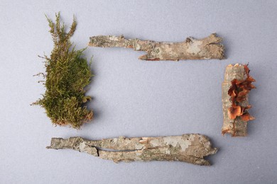 Photo of Frame madetree bark pieces and moss on light blue background, flat lay. Space for text