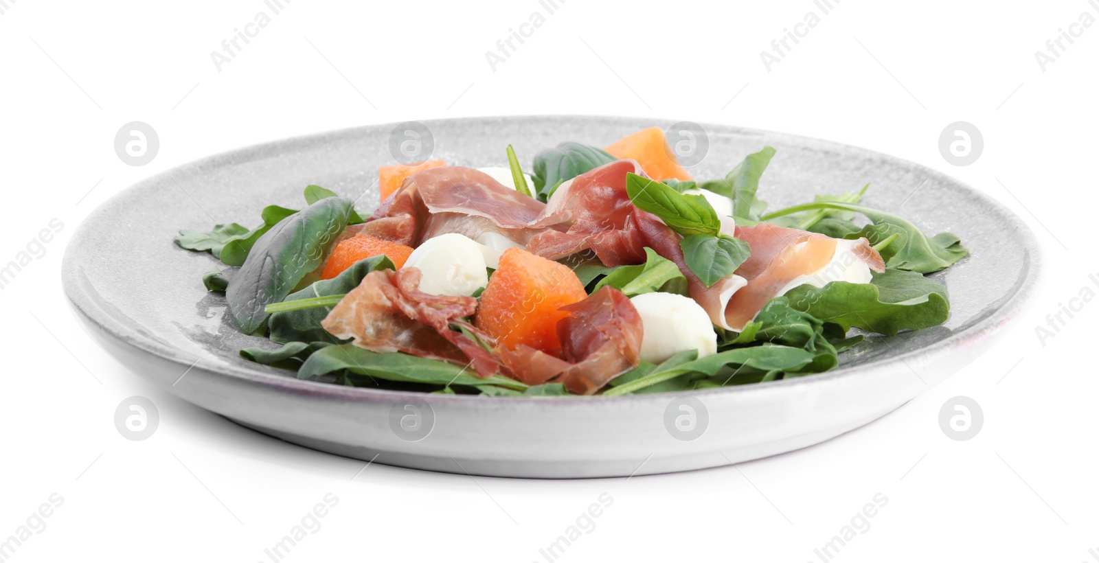 Photo of Fresh melon with prosciutto, mozzarella and arugula on white background