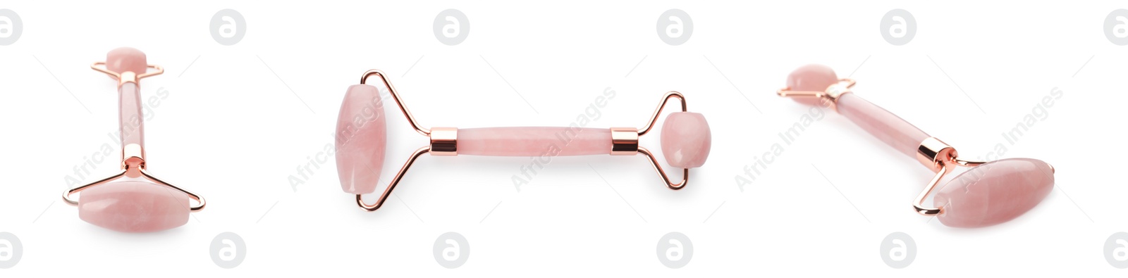 Image of Set with natural rose quartz face rollers on white background. Banner design