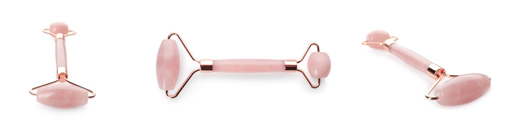 Image of Set with natural rose quartz face rollers on white background. Banner design