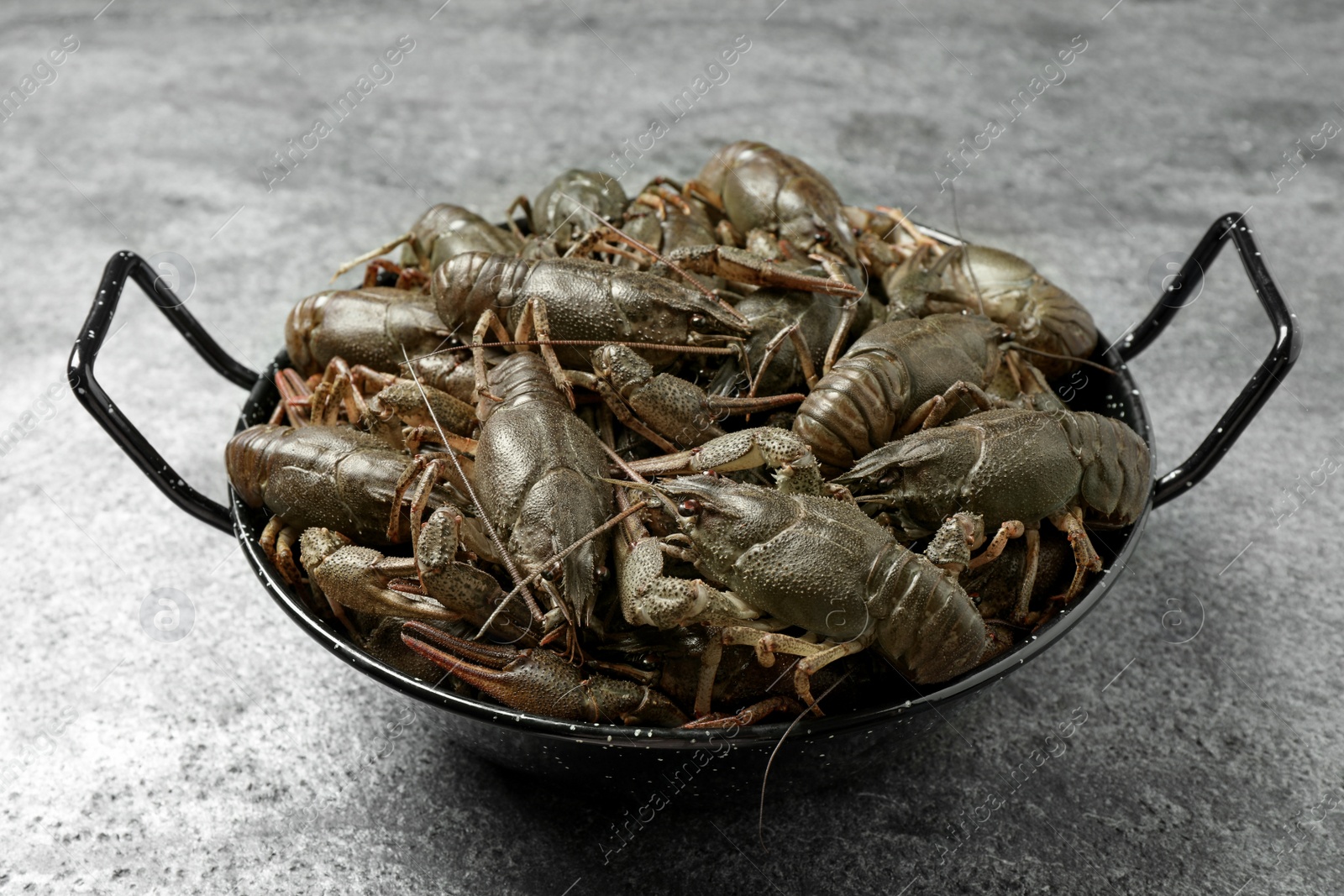 Photo of Fresh raw crayfishes on grey table. Healthy seafood