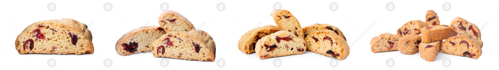 Image of Set with tasty cantucci on white background, banner design. Traditional Italian biscuits