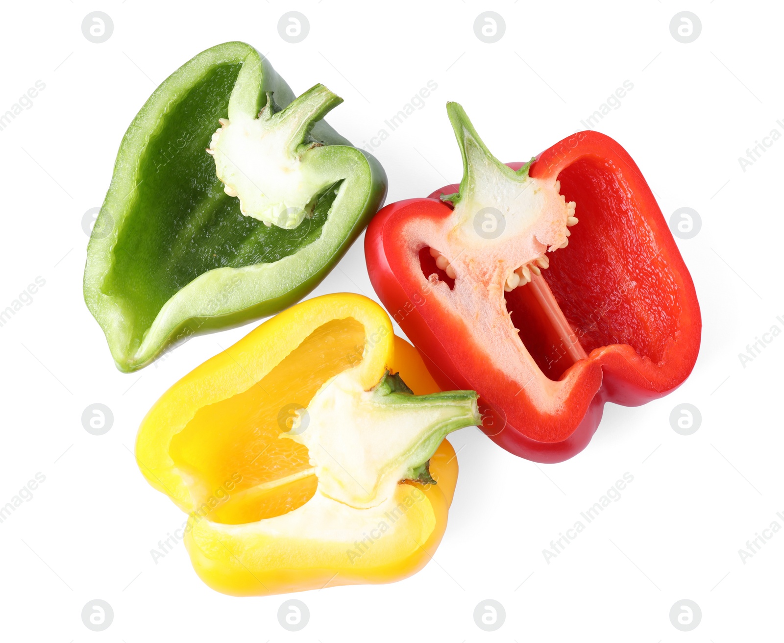 Photo of Different juicy bell peppers on white background