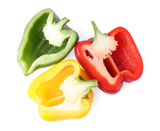 Photo of Different juicy bell peppers on white background