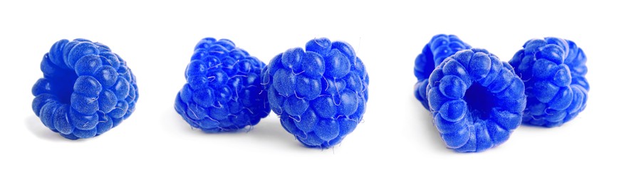 Set with fresh tasty blue raspberries on white background. Banner design