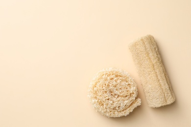 Photo of Natural shower loofah sponges on beige background, flat lay. Space for text