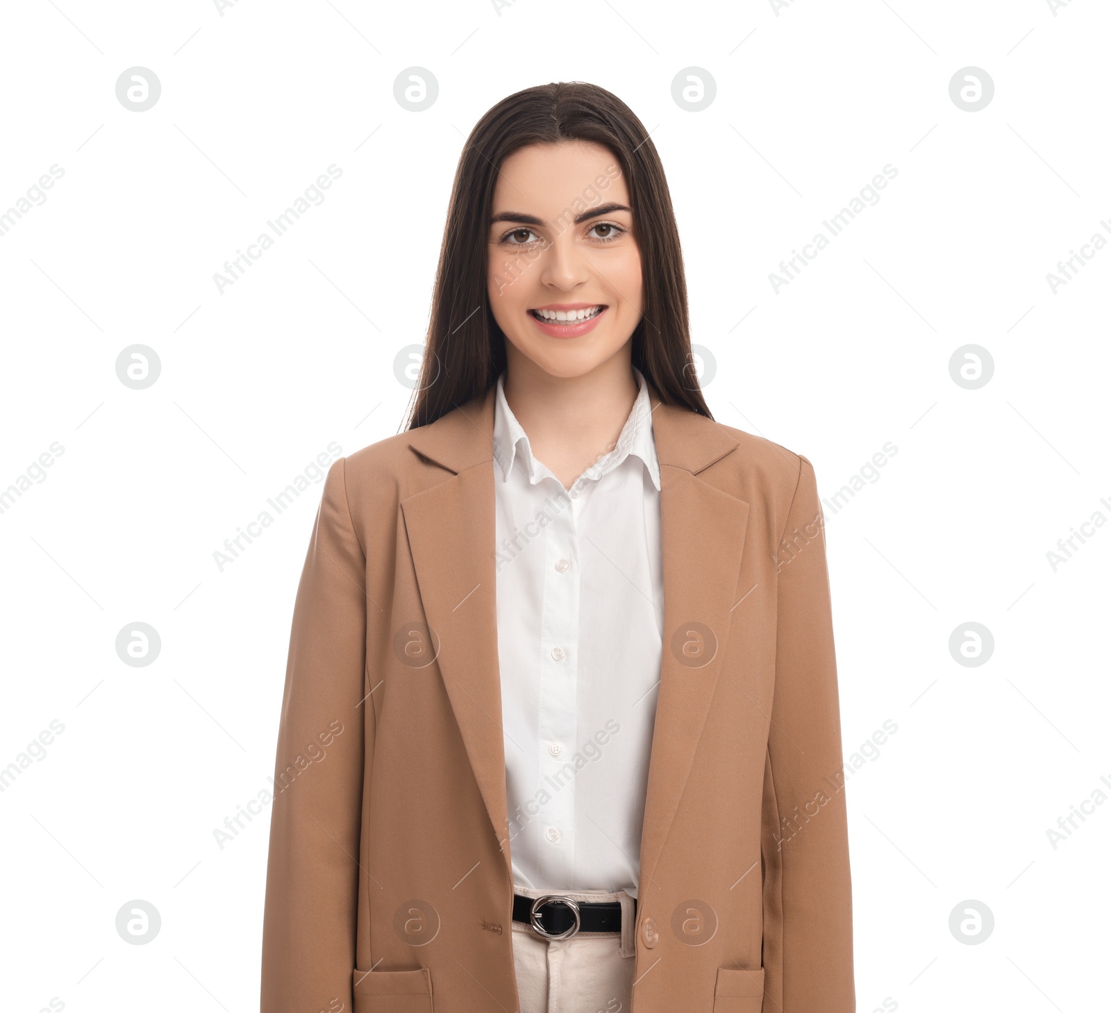 Photo of Beautiful happy businesswoman in suit on white background