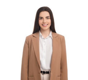 Beautiful happy businesswoman in suit on white background