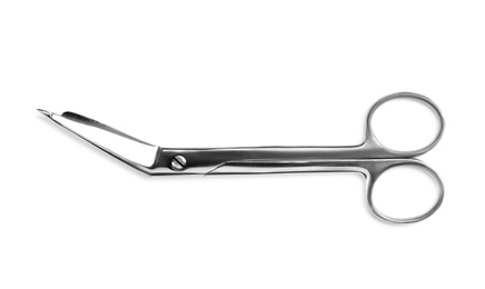 Photo of Bandage scissors on white background, top view. Medical tool