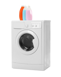 Modern washing machine and detergents on white background. Laundry day