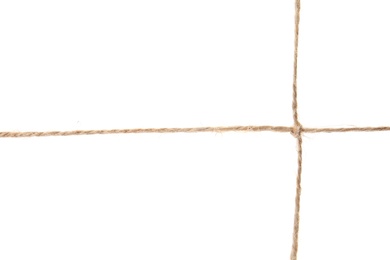 Photo of Hemp rope with knot on white background. Organic material