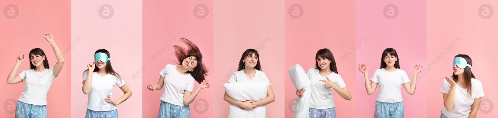 Image of Woman in pajamas on light pink background, collage of photos