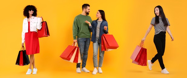 Image of Happy people with shopping bags on orange background, set with photos