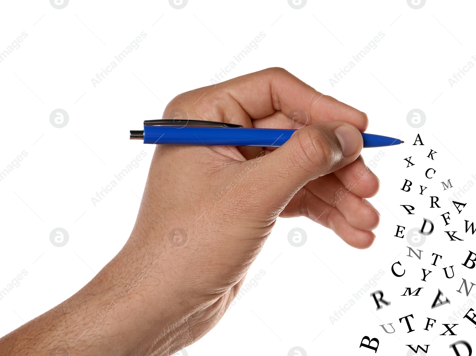 Image of Man writing letters and they flying away on white background, closeup