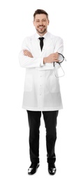 Full length portrait of smiling male doctor isolated on white. Medical staff