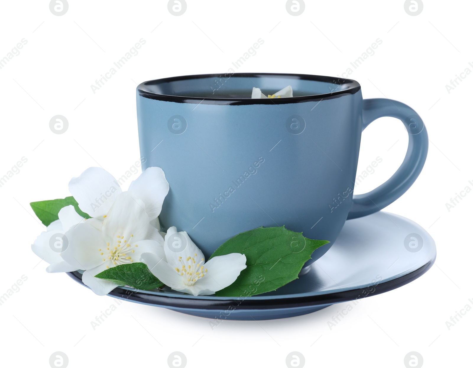 Photo of Cup of tea and fresh jasmine flowers isolated on white