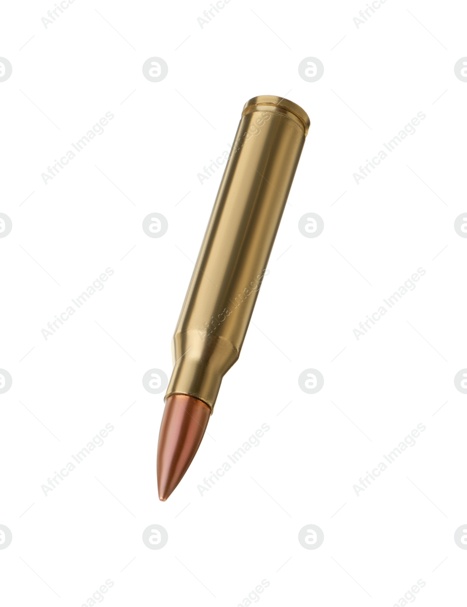 Photo of One bullet isolated on white. Firearm ammunition