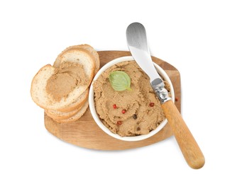 Photo of Delicious meat pate with spices, fresh bread and knife on white background, top view