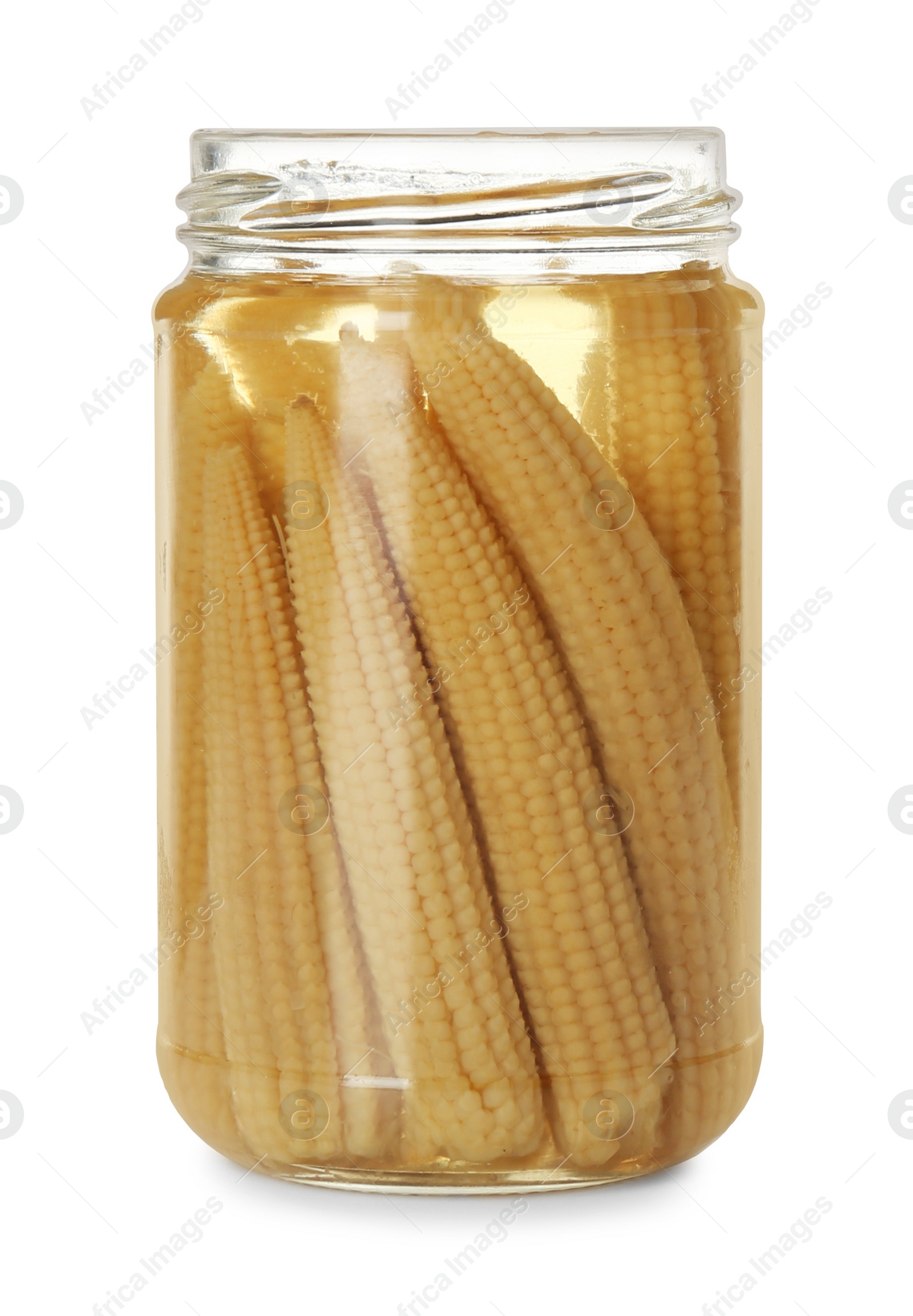 Photo of Jar of pickled baby corn isolated on white