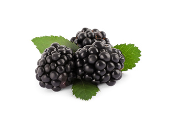 Photo of Tasty ripe blackberries and leaves on white background