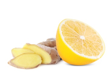 Fresh ginger root and lemon on white background