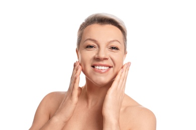 Mature woman with beautiful face on white background