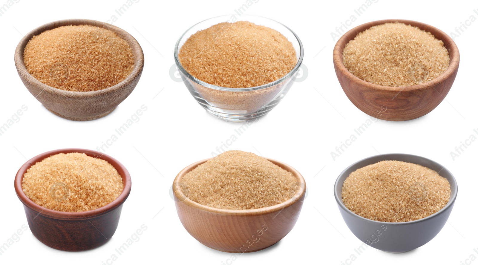 Image of Bowls of brown sugar on white background, banner design