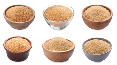 Bowls of brown sugar on white background, banner design