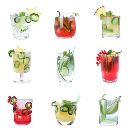 Image of Set of different spicy cocktails with jalapenos on white background