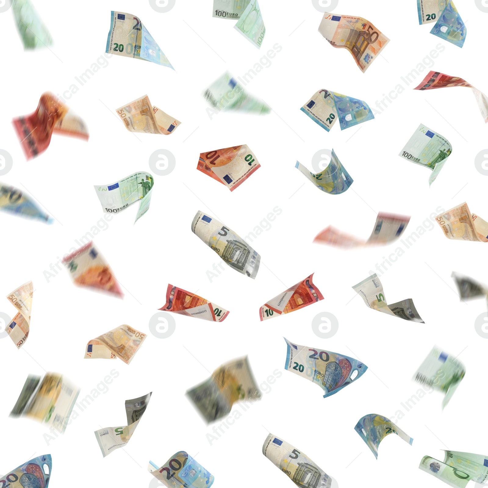 Image of Set of euro banknotes on white background