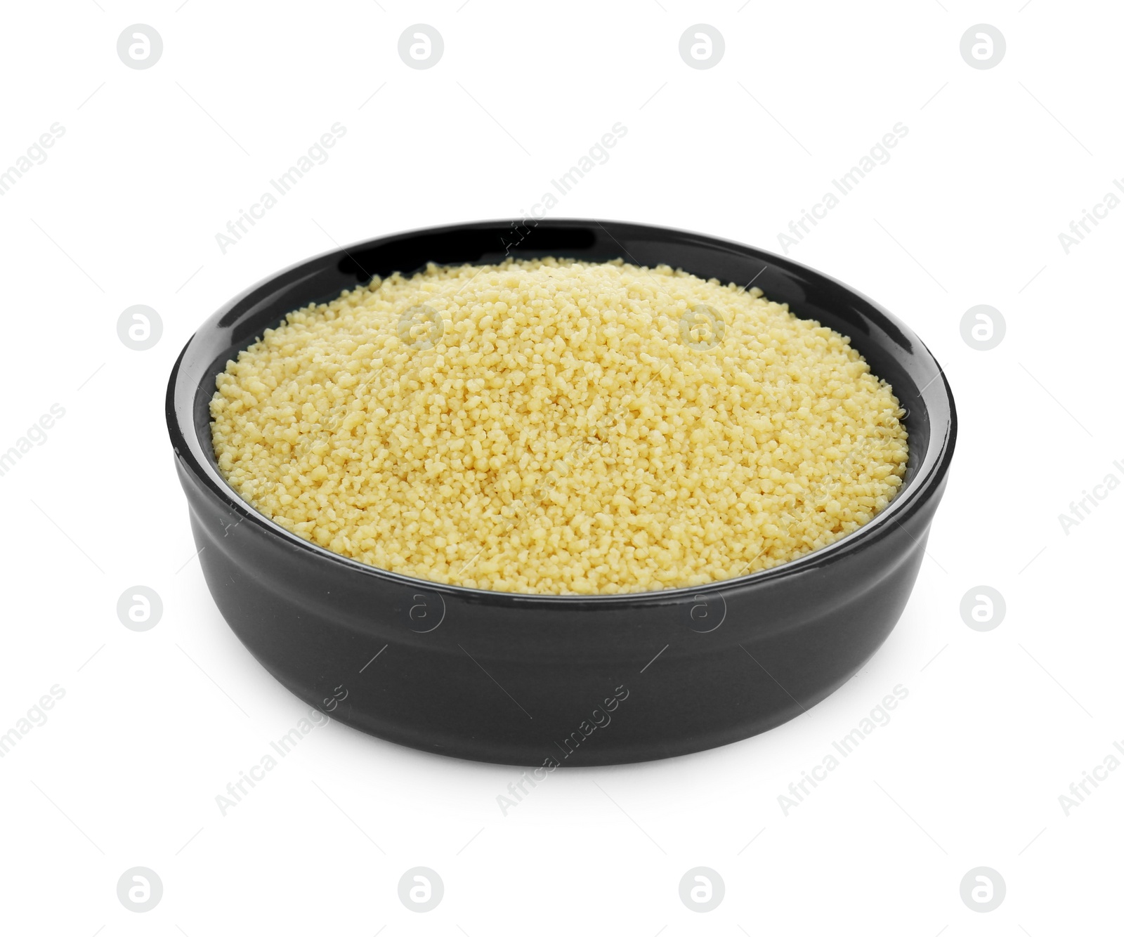 Photo of Bowl of raw couscous isolated on white