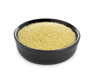 Photo of Bowl of raw couscous isolated on white