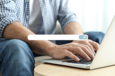 Image of Search bar of website and man working with modern laptop indoors, closeup