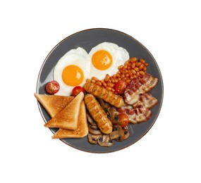 Photo of Plate with fried eggs, sausages, mushrooms, beans, bacon and toasted bread isolated on white, top view. Traditional English breakfast