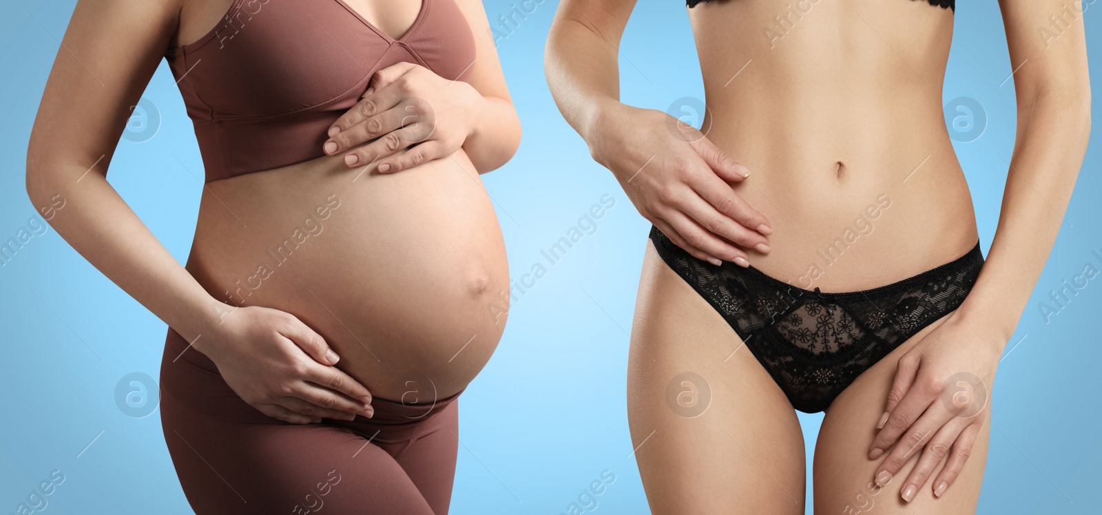 Image of Woman before and after childbirth on light blue background, closeup view of belly. Collage