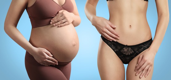 Image of Woman before and after childbirth on light blue background, closeup view of belly. Collage