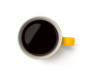 Photo of Ceramic cup with hot aromatic coffee on white background