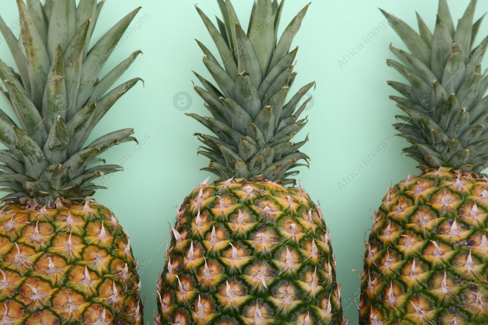 Photo of Whole ripe pineapples on light green background, flat lay