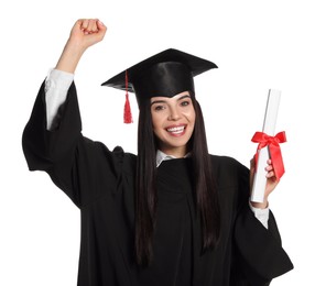 Photo of Happy student with graduation hat and diploma on white background