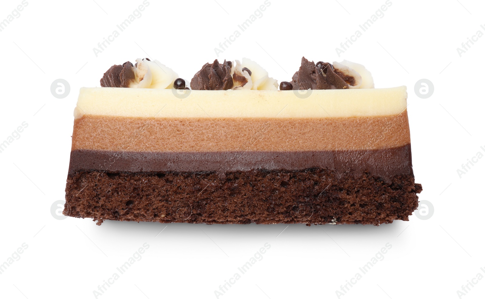 Photo of Tasty chocolate mousse cake isolated on white, top view