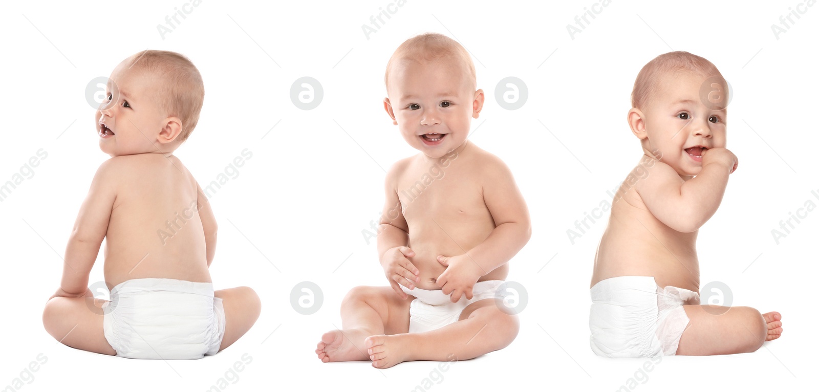 Image of Collage with photos of cute little baby in diaper on white background. Banner design