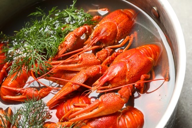 Fresh delicious crayfishes in pot on table, closeup