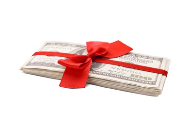 Photo of Stack of dollar banknotes with red ribbon isolated on white